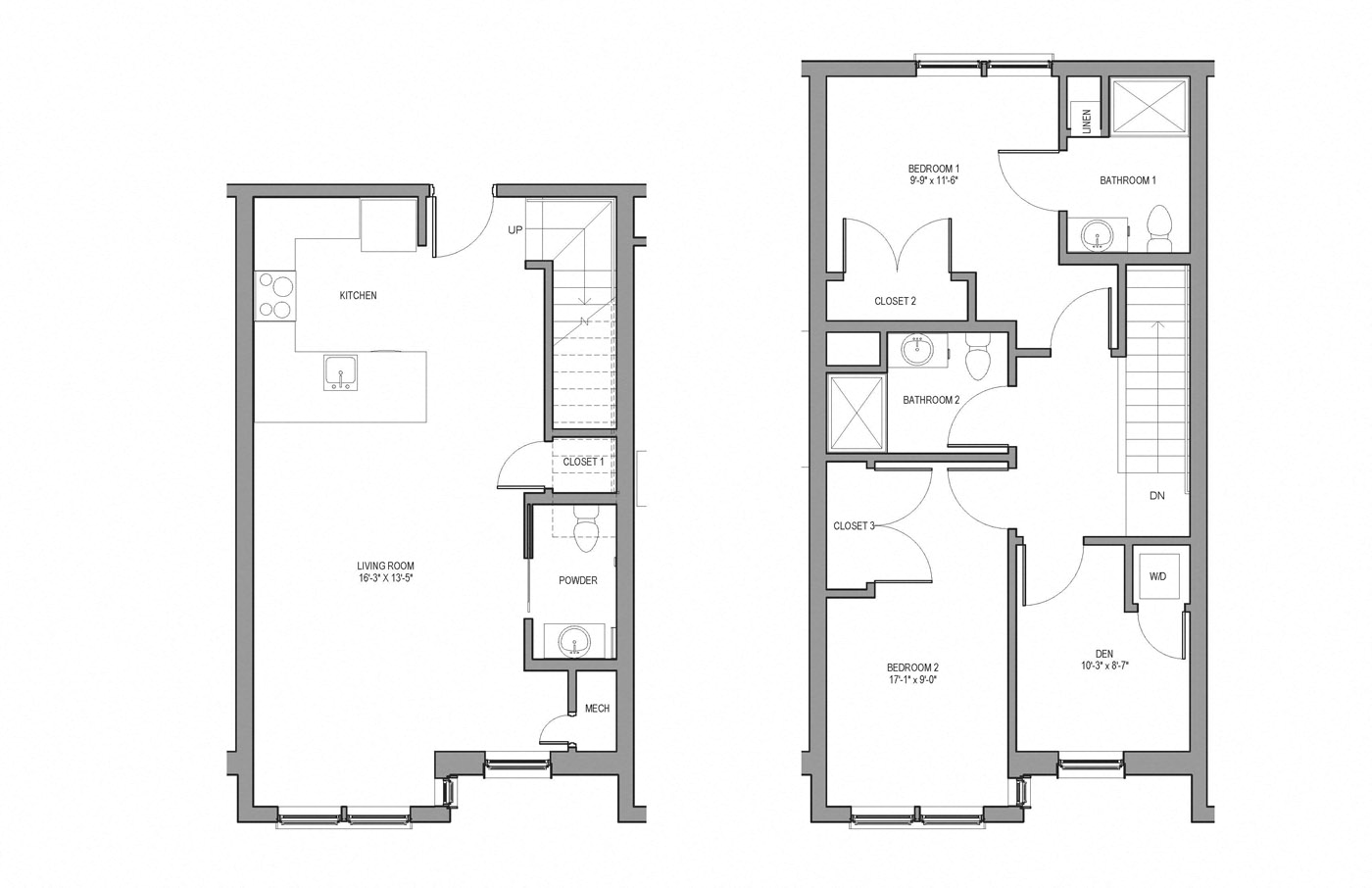 Floor plan for 2 beds, 2 baths, 1143 sqft